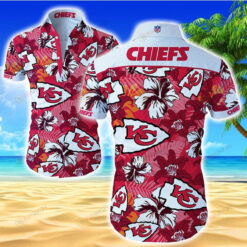 Kansas City Chiefs Flower & Leaf Pattern Curved Hawaiian Shirt In Red & White