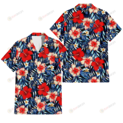 Kansas City Royals Coral Red Hibiscus Blue Palm Leaf Black Background 3D Hawaiian Shirt