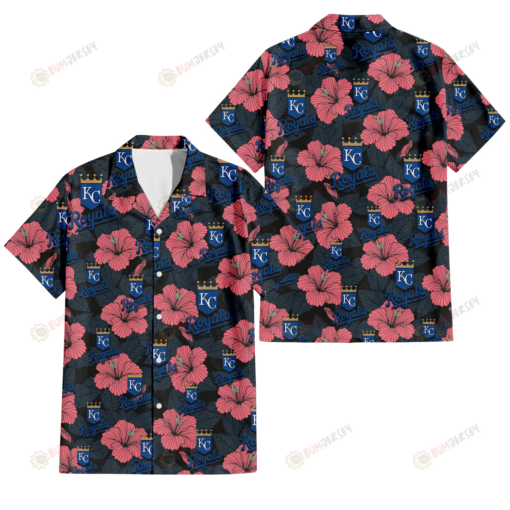 Kansas City Royals Light Coral Hibiscus Gray Leaf Black Background 3D Hawaiian Shirt