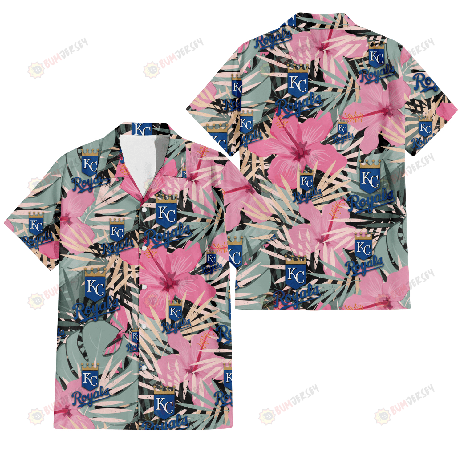 Kansas City Royals Light Pink Hibiscus Pale Green Leaf Black Background 3D Hawaiian Shirt