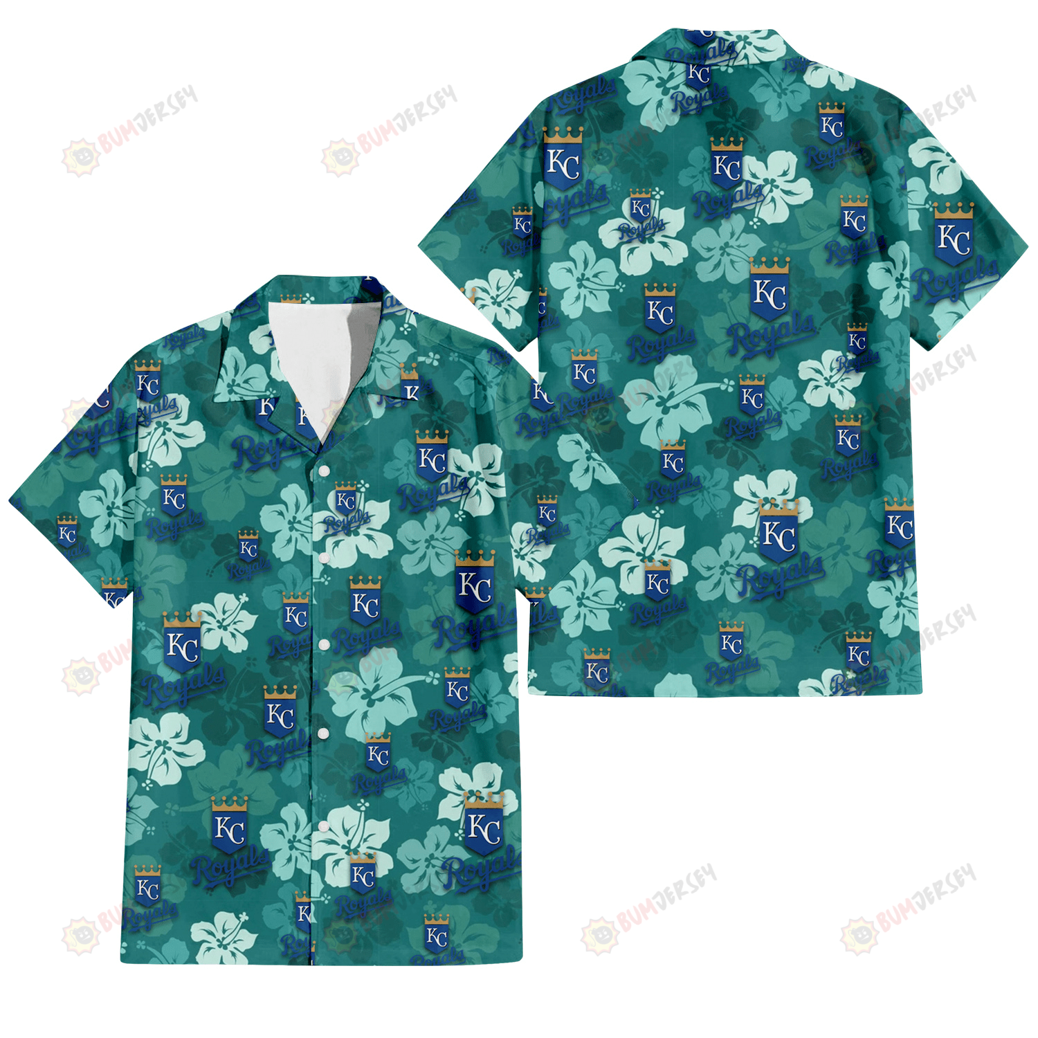 Kansas City Royals Light Sea Green Hibiscus Green Background 3D Hawaiian Shirt