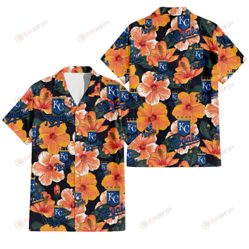 Kansas City Royals Orange Hibiscus Dark Green Leaf Black Background 3D Hawaiian Shirt