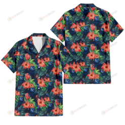 Kansas City Royals Orange Hibiscus Green Tropical Leaf Dark Background 3D Hawaiian Shirt