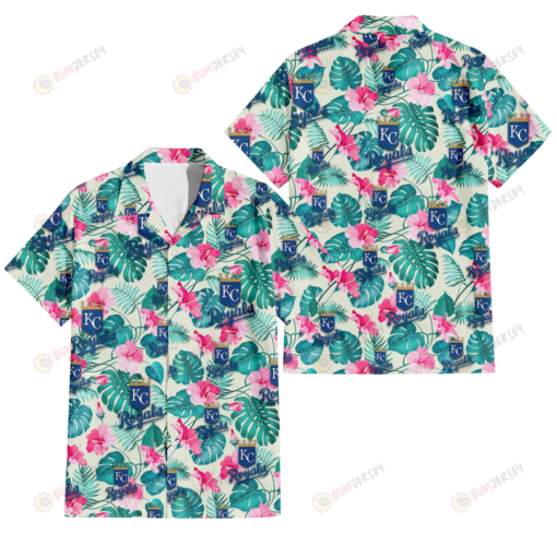 Kansas City Royals Pink Hibiscus Green Leaf Beige Background 3D Hawaiian Shirt