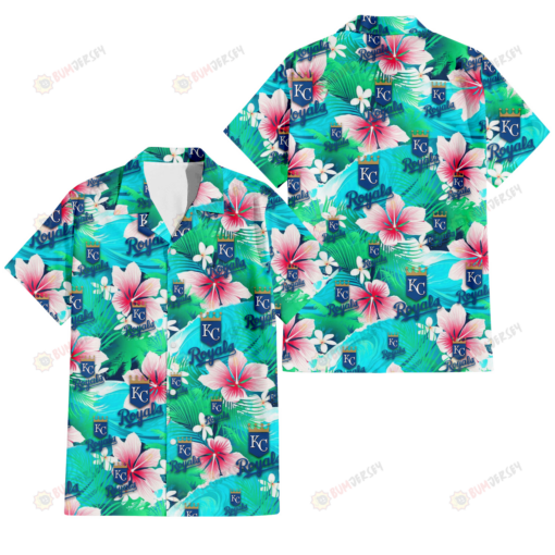 Kansas City Royals Pink Hibiscus Green Leaf Blue Background 3D Hawaiian Shirt