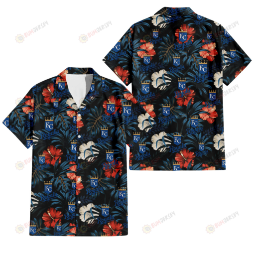 Kansas City Royals Red And White Hibiscus Dark Leaf Black Background 3D Hawaiian Shirt