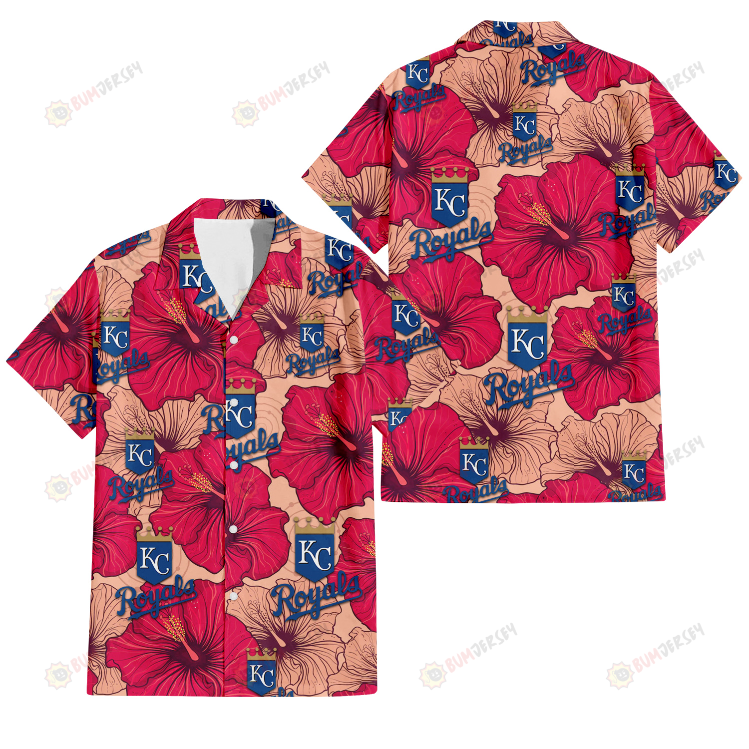 Kansas City Royals Red Beige Hibiscus Beige Background 3D Hawaiian Shirt
