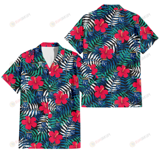 Kansas City Royals Red Hibiscus Green Blue White Leaf Black Background 3D Hawaiian Shirt