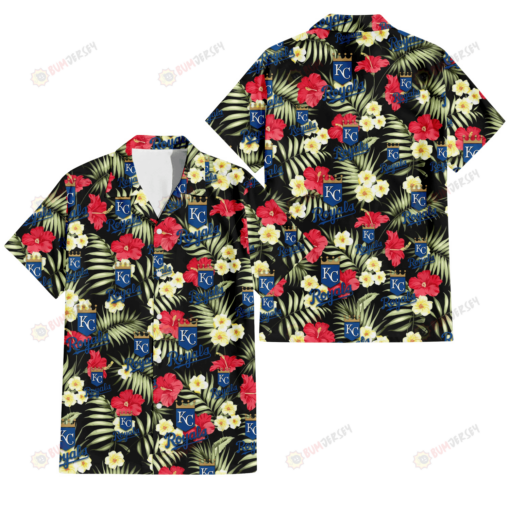 Kansas City Royals Red Hibiscus Yellow Porcelain Flower Black Background 3D Hawaiian Shirt