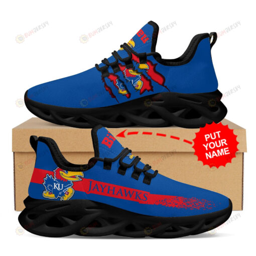 Kansas Jayhawks Logo Bird Pattern Custom Name 3D Max Soul Sneaker Shoes In Blue