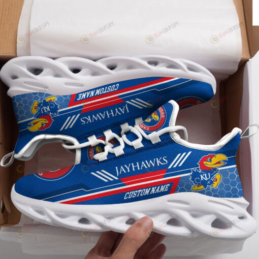 Kansas Jayhawks Logo Custom Name Pattern 3D Max Soul Sneaker Shoes In Blue