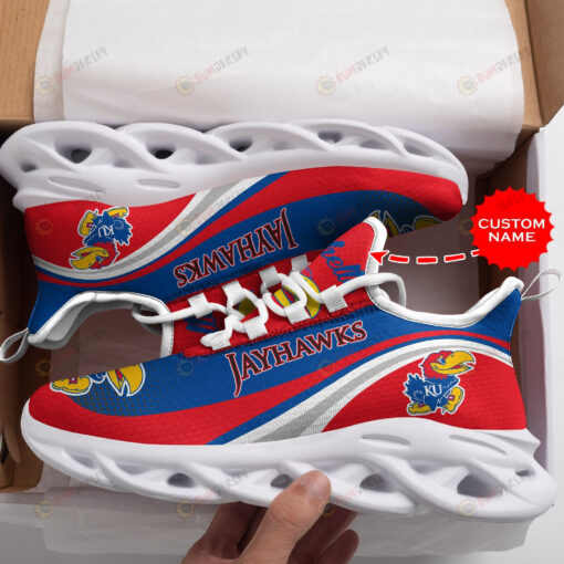 Kansas Jayhawks Logo Pattern Custom Name 3D Max Soul Sneaker Shoes In Red And Blue