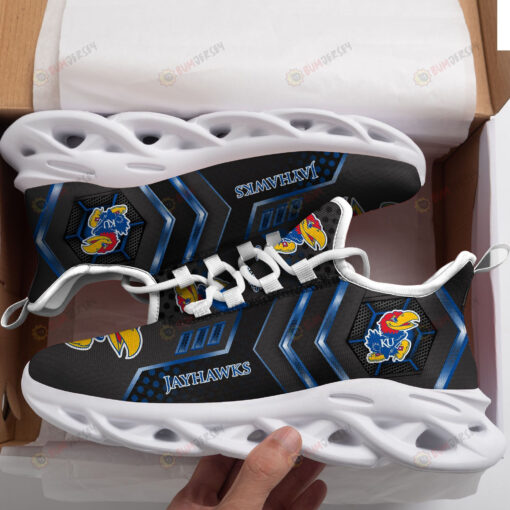 Kansas Jayhawks Logo With Stripe Pattern Custom Name 3D Max Soul Sneaker Shoes In Black