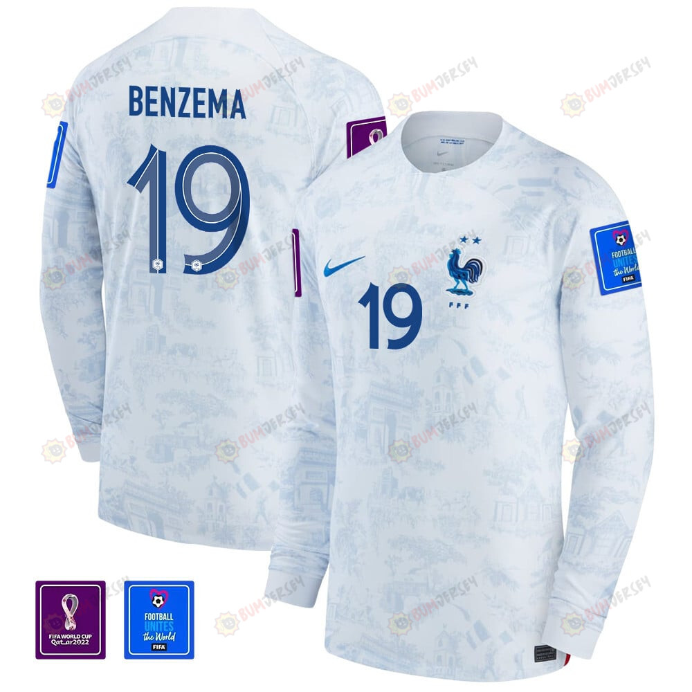 Karim Benzema 19 France National Team FIFA World Cup Qatar 2022 Patch - Men Away Long Sleeve Jersey