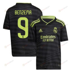 Karim Benzema 9 Real Madrid 2022/23 Third Youth Jersey - Black