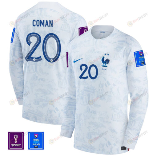 Kingsley Coman 20 France National Team FIFA World Cup Qatar 2022 Patch - Away Men Long Sleeve Jersey