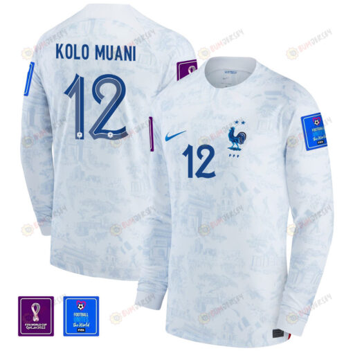 Kolo Muani 12 France National Team FIFA World Cup Qatar 2022 Patch - Away Men Long Sleeve Jersey