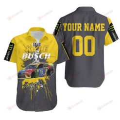 Kyle Busch Car Pattern Personalized Curved Hawaiian Shirt In Grey & Yellow