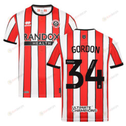 Kyron Gordon 34 Sheffield United 2022-23 Home Jersey - Red/White Stripes