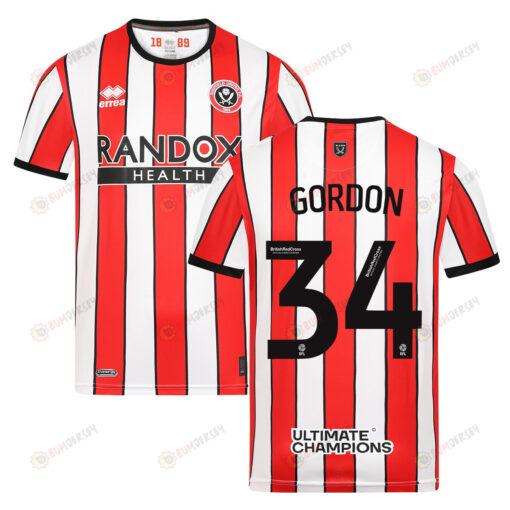 Kyron Gordon 34 Sheffield United 2022-23 Home Jersey - Red/White Stripes