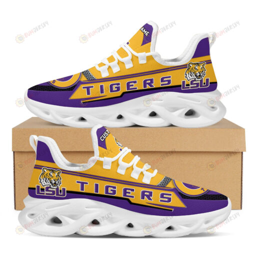 LSU Tigers Logo Pattern Custom Name 3D Max Soul Sneaker Shoes In Purple Yellow