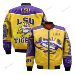 LSU Tigers Team Logo Big Eye Pattern Bomber Jacket 3D Printed - Yellow/Purple