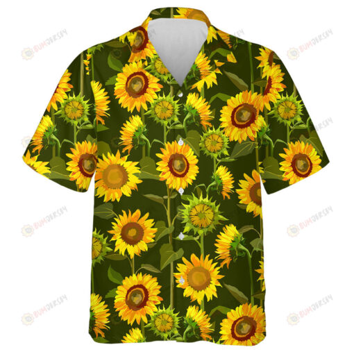 Large Field Of Sunflowers On Dark Green Background Hawaiian Shirt