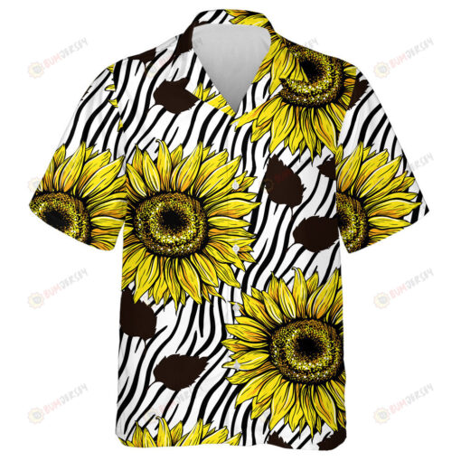 Large Sunflowers Art On Black Striped Zebra Lines Hawaiian Shirt