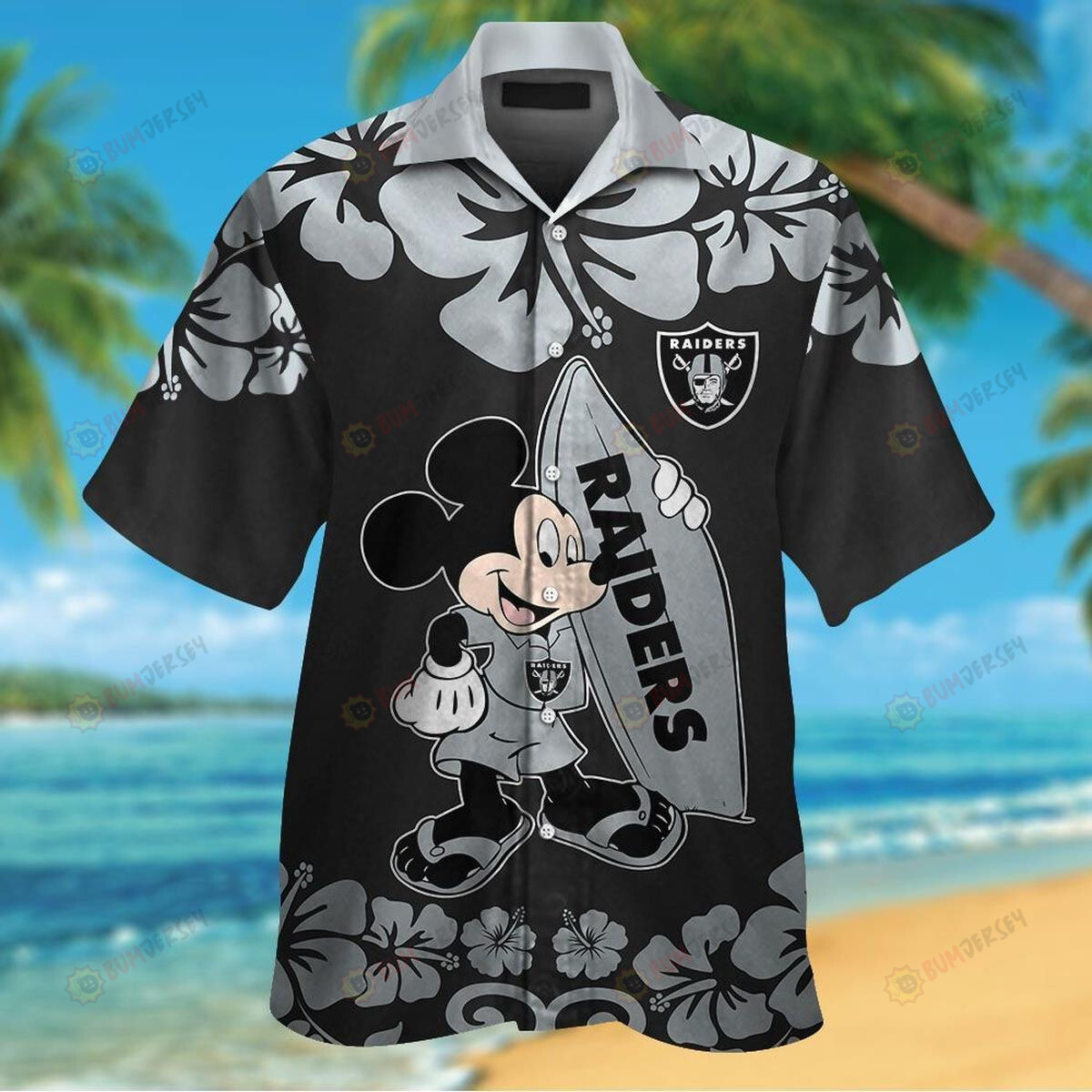 Las Vegas Raiders And Mickey Mouse Hawaiian Shirt Set