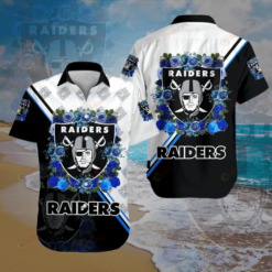 Las Vegas Raiders Blue Rose Pattern Curved Hawaiian Shirt In Black And White