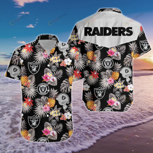 Las Vegas Raiders Floral & Fruit Pattern Curved Hawaiian Shirt In Black