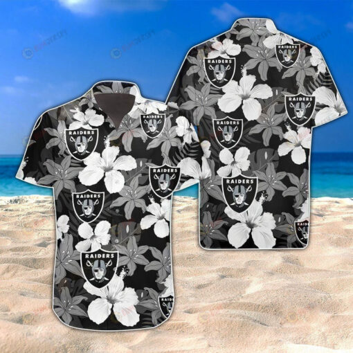 Las Vegas Raiders Flower & Leaf Pattern Curved Hawaiian Shirt In Black & Grey