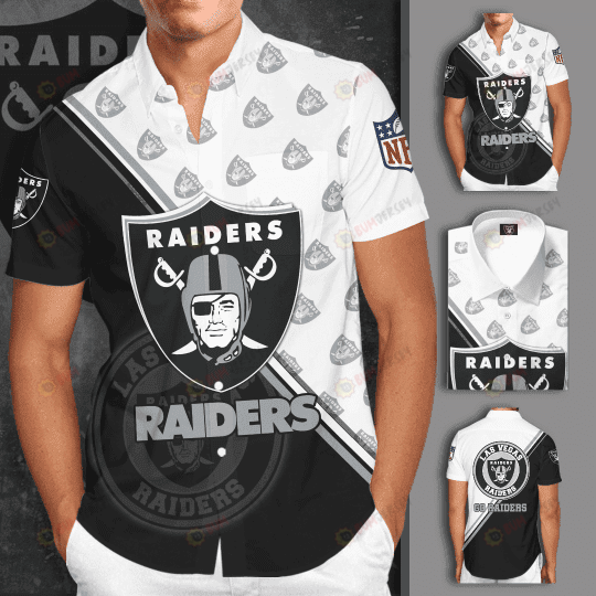 Las Vegas Raiders Logo Curved Hawaiian Shirt In Black And White