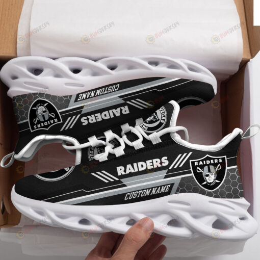 Las Vegas Raiders Logo Custom Name Pattern In Black And Gray 3D Max Soul Sneaker Shoes