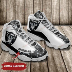 Las Vegas Raiders Logo Splatter Pattern Custom Name Air Jordan 13 Shoes Sneakers In Black White