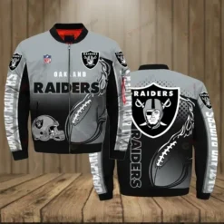 Las Vegas Raiders Team Logo Pattern Bomber Jacket - Black And Gray