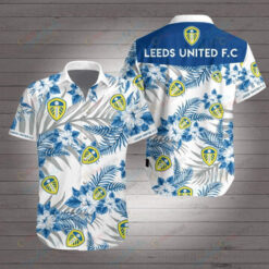 Leeds United Fc Leaf & Flower Pattern Curved Hawaiian Shirt In White & Blue