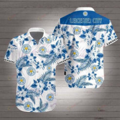 Leicester City Leaf & Flower Pattern Curved Hawaiian Shirt In White & Blue