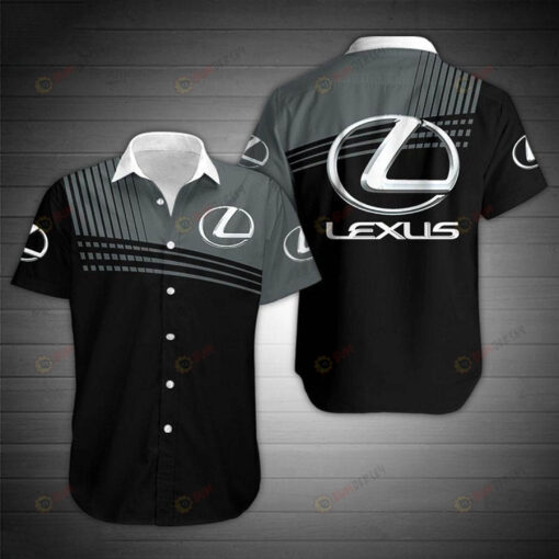 Lexus W Button Up Logo Pattern Curved Hawaiian Shirt In Black & Grey