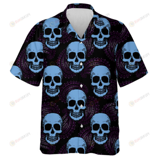 Light Blue Human Skull On Geometry Violet Background Hawaiian Shirt