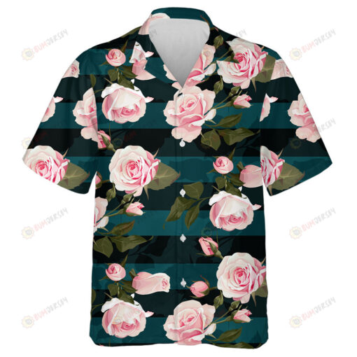 Light Pink Rose Branch Black Navy Striped Background Design Hawaiian Shirt