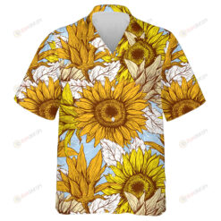 Line Art Yellow Blue Wildflowers With Pastel Orange Leaves Silhouettes Hawaiian Shirt