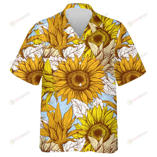 Line Art Yellow Blue Wildflowers With Pastel Orange Leaves Silhouettes Hawaiian Shirt