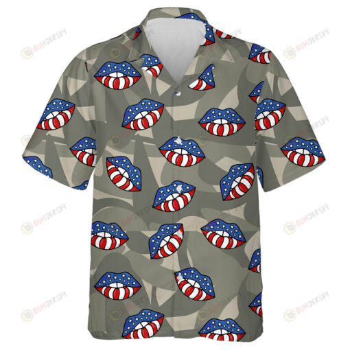 Lips Of The Flag Of America On Camouflage Military Background Hawaiian Shirt