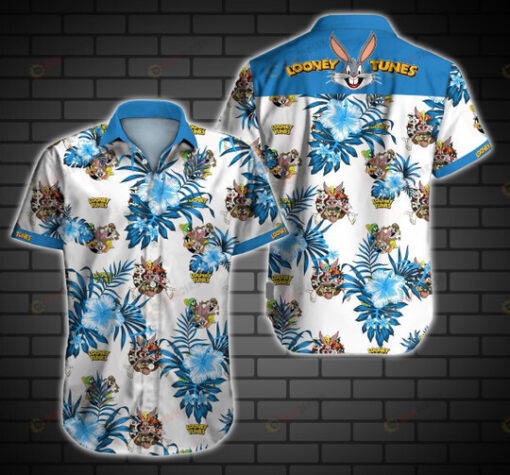 Looney Tunes Floral pattern Blue And White Curved Hawaiian Shirt