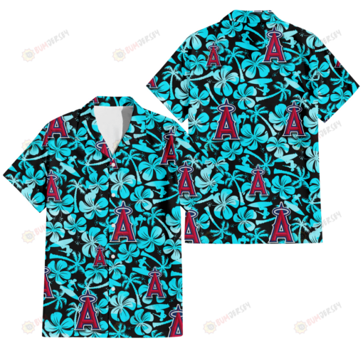 Los Angeles Angels Blue Hibiscus Blue Coconut Tree Black Background 3D Hawaiian Shirt