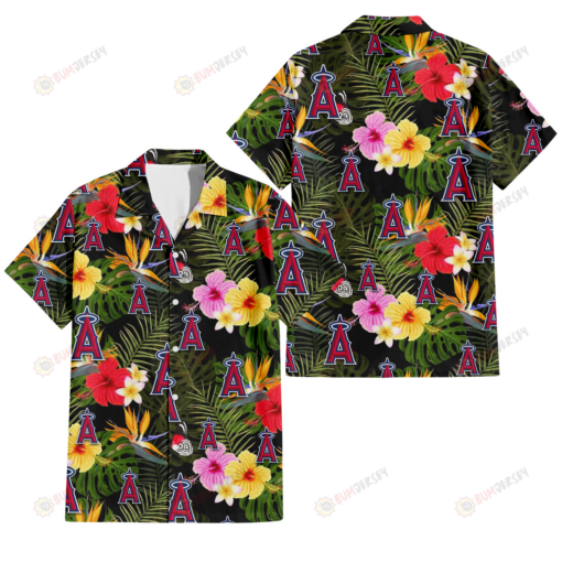 Los Angeles Angels Colorful Hibiscus Green Leaf Back Background 3D Hawaiian Shirt