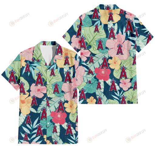 Los Angeles Angels Colorful Sketch Hibiscus Dark Green Background 3D Hawaiian Shirt