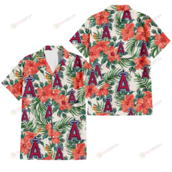 Los Angeles Angels Coral Hibiscus Green Leaf Beige Background 3D Hawaiian Shirt