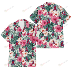 Los Angeles Angels Coral Pink Hibiscus Green Leaf Beige Background 3D Hawaiian Shirt